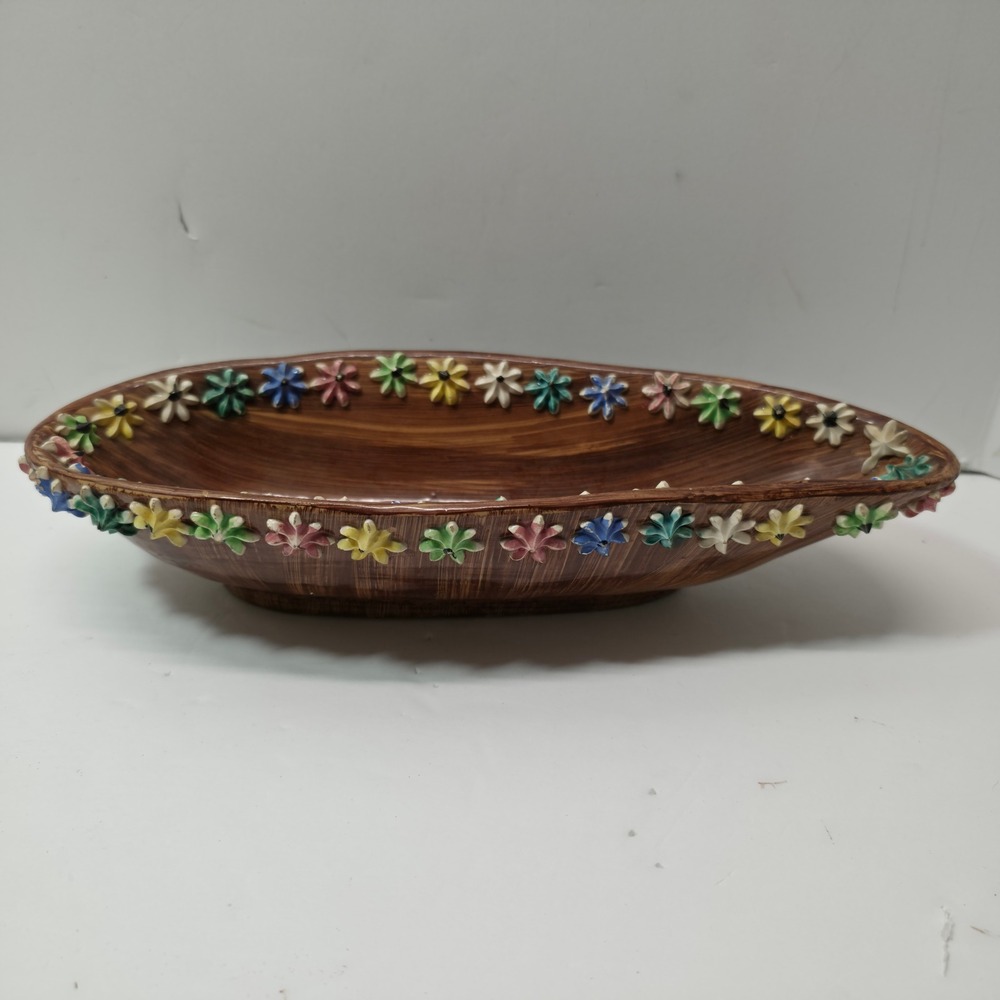 Vintage Hand Painted Floral Italy Bowl Brown Multicolor Decorative Dish